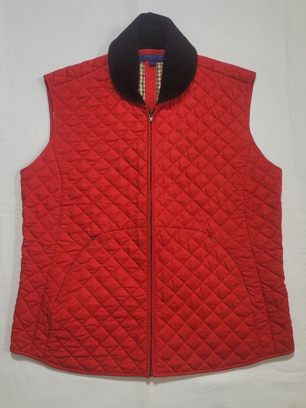 J McLaughlin Red Diamond Quilted Vest Corduroy Collar Plaid Lining Small Preppy - Picture 2 of 10